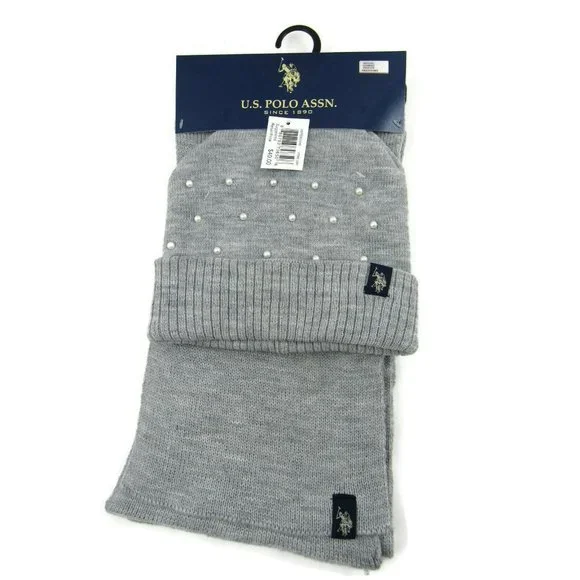U.S. Polo Assn. Women's Simulated Pearls Knit Hat & Scarf Set Gray One Size New - Picture 2 of 6